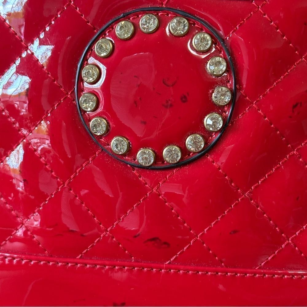 Question Mark ? Handbag Red With Studded Rhinestone Detail Quilted Stitching - Picture 14 of 16